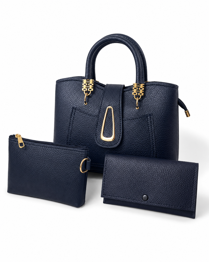 China Imported Structured 3-Piece Tote Handbag Set – Navy Blue