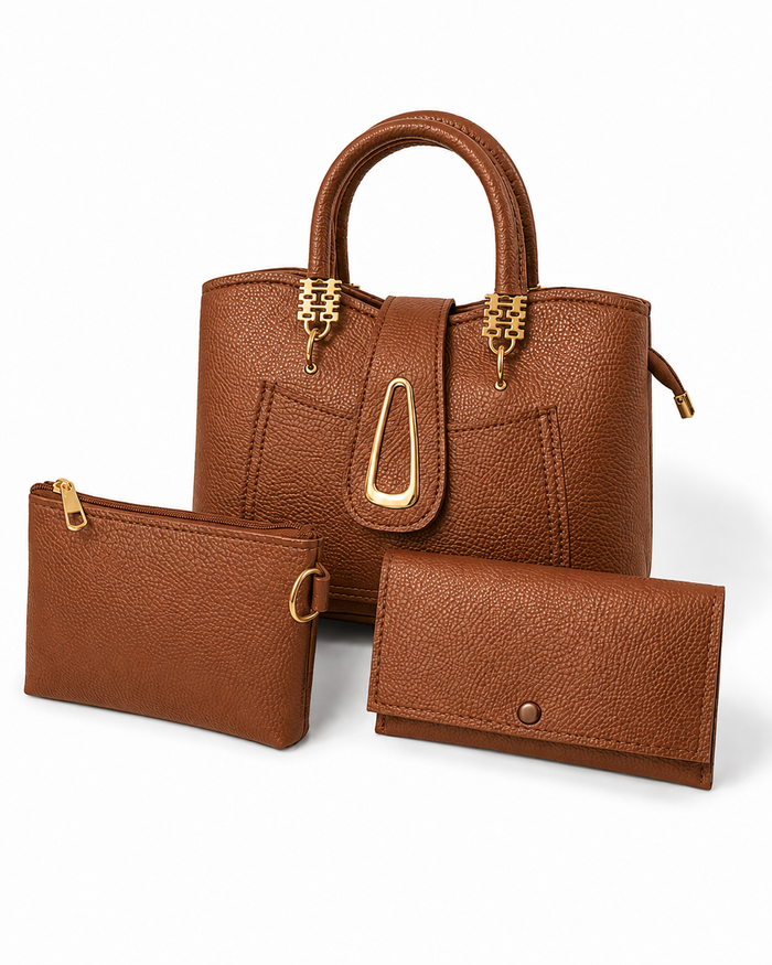 China Imported Structured 3-Piece Tote Handbag Set – Camel Brown