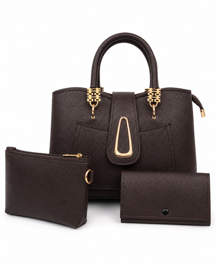China Imported Structured 3-Piece Tote Handbag Set – Chocolate Brown