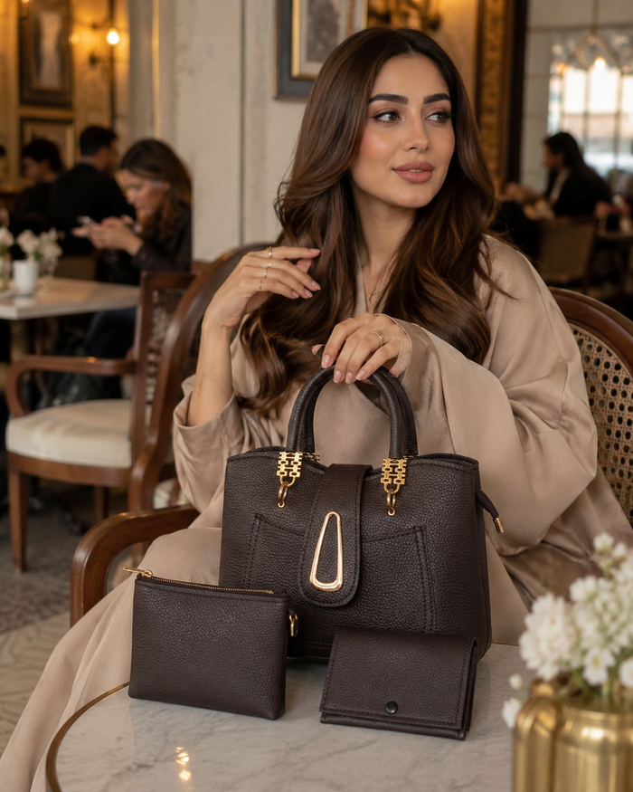 China Imported Structured 3-Piece Tote Handbag Set – Chocolate Brown