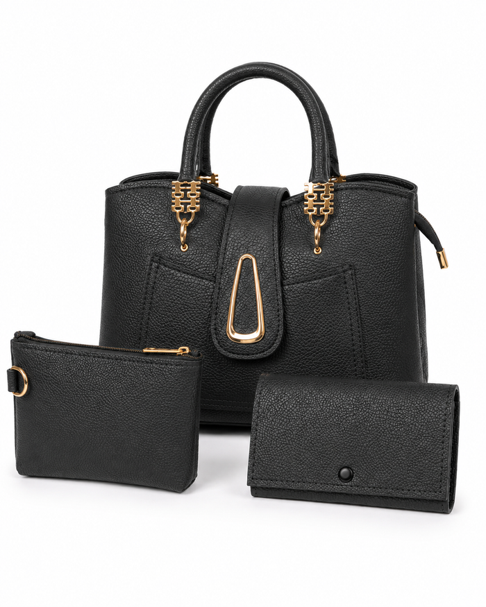 China Imported Structured 3-Piece Tote Handbag Set – Classic Black