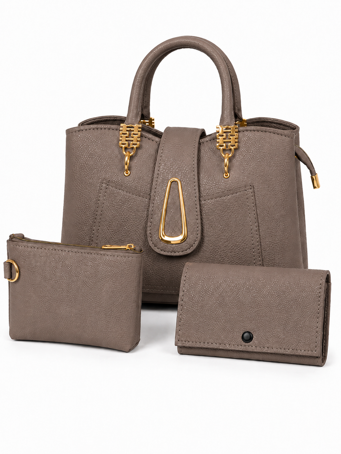 China Imported Structured 3-Piece Tote Handbag Set – Taupe Brown