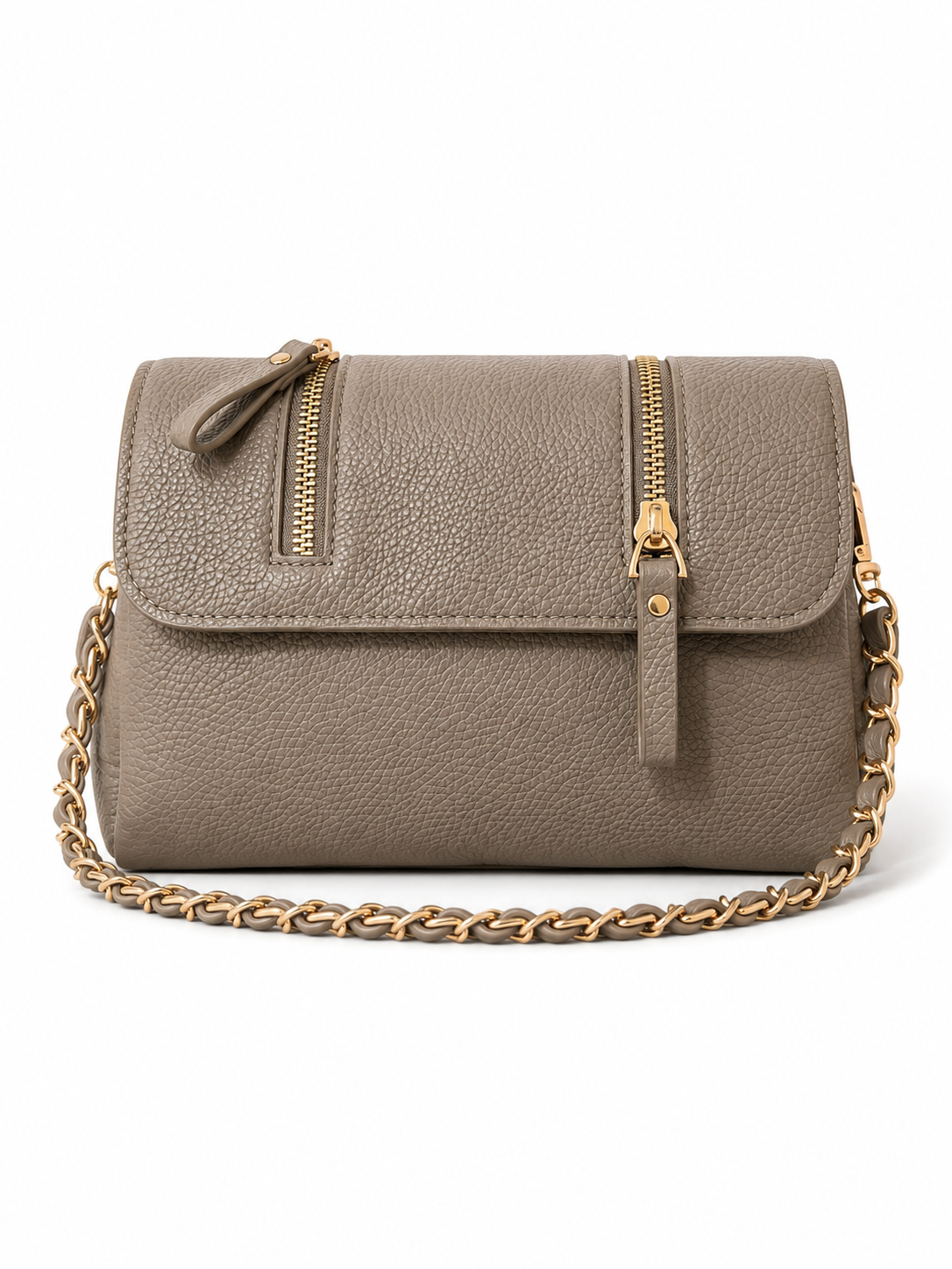 China Imported Taupe Double-Zip Chain Crossbody Bag