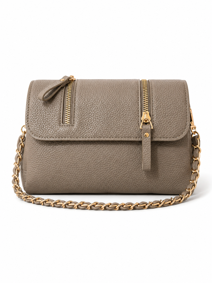 China Imported Taupe Double-Zip Chain Crossbody Bag