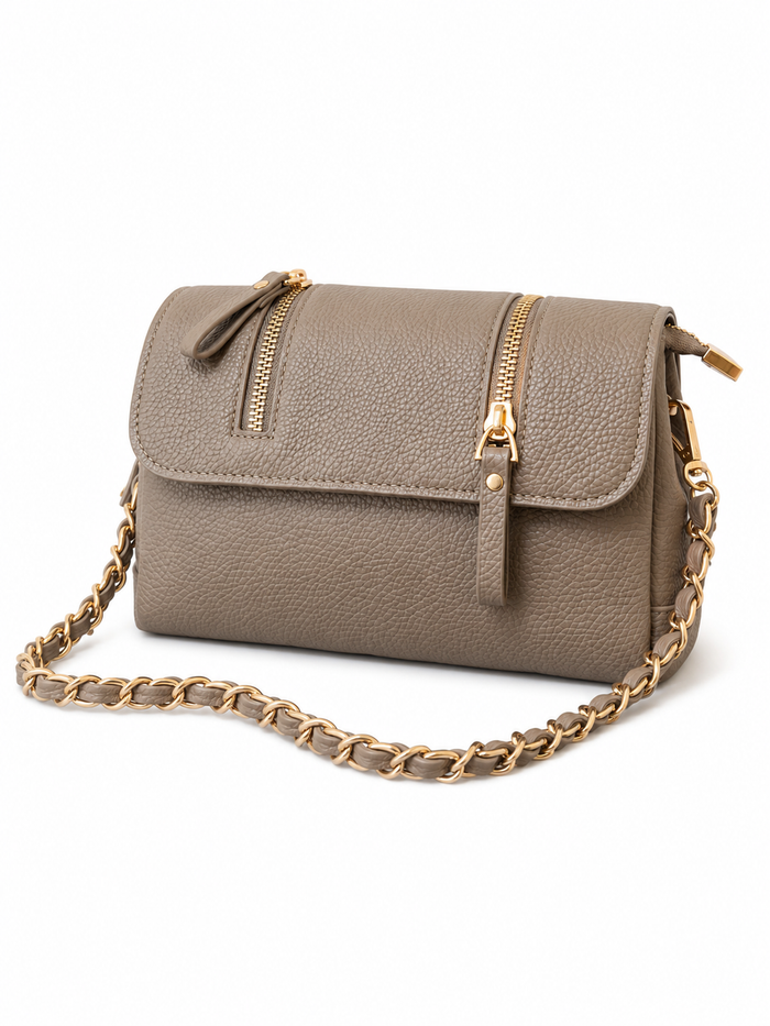 China Imported Taupe Double-Zip Chain Crossbody Bag