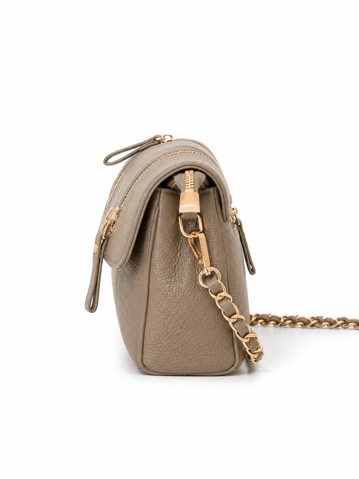 China Imported Taupe Double-Zip Chain Crossbody Bag