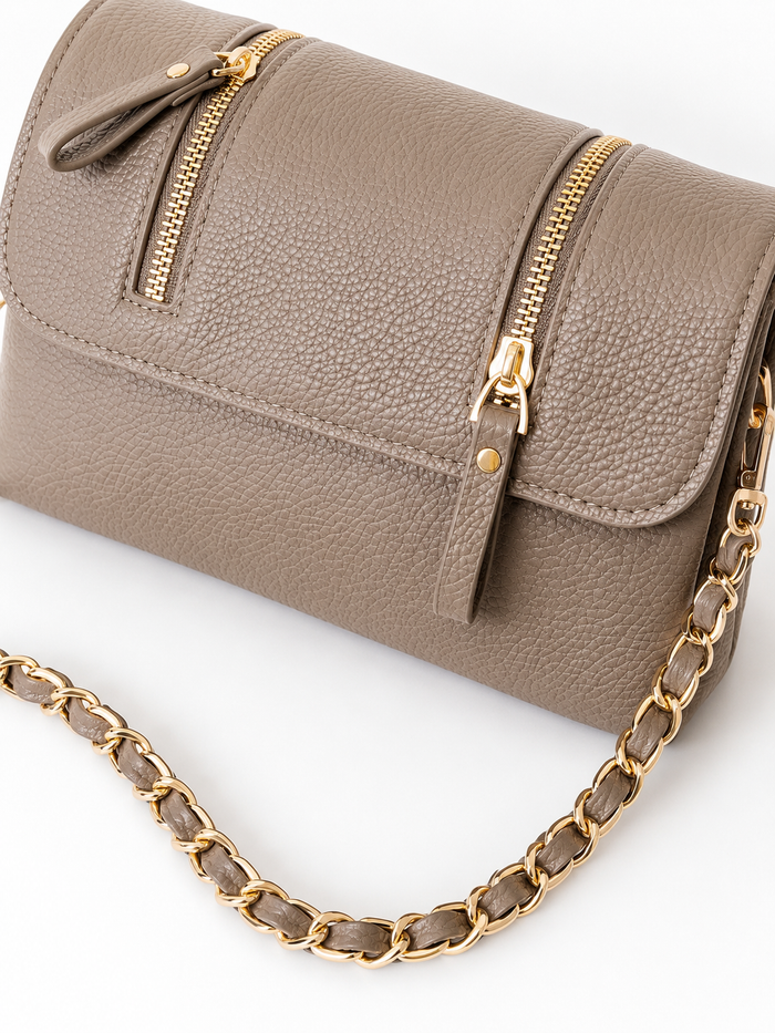 China Imported Taupe Double-Zip Chain Crossbody Bag