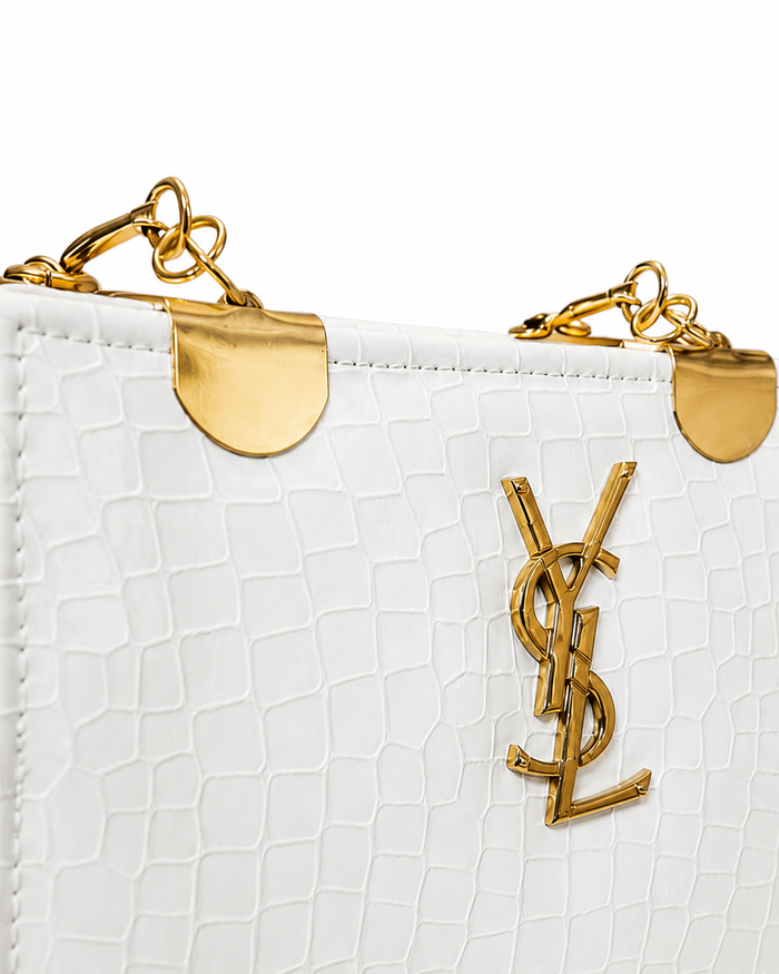 White Croc Gold Handle Tote Bag