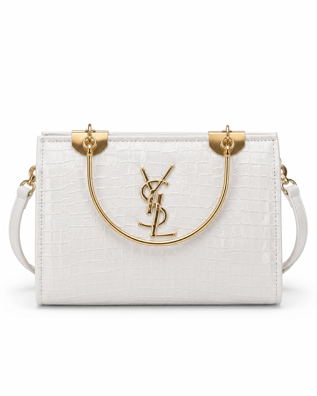 White Croc Gold Handle Tote Bag