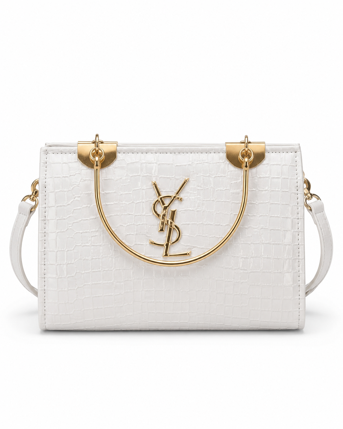 White Croc Gold Handle Tote Bag