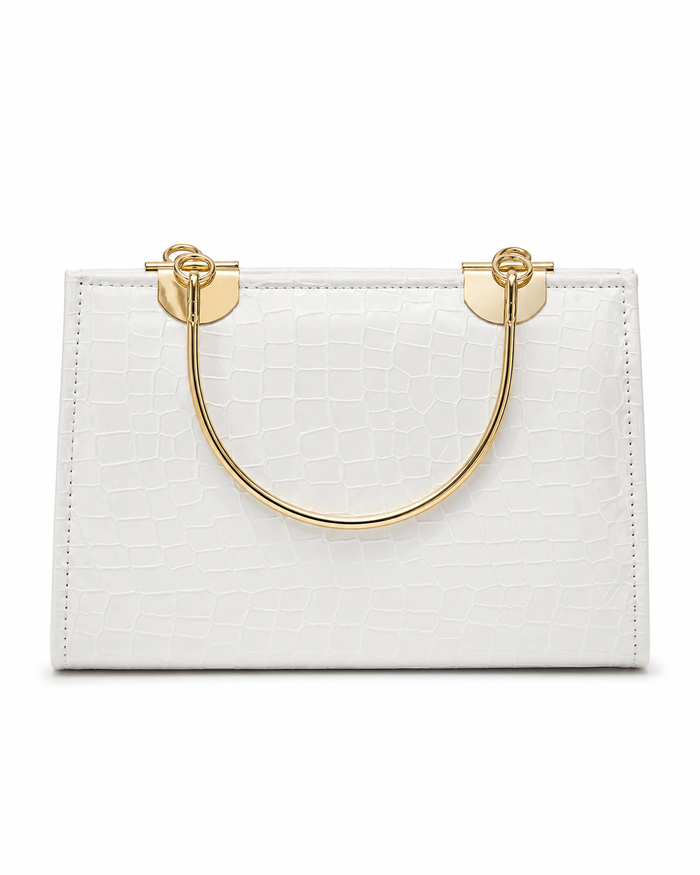 White Croc Gold Handle Tote Bag