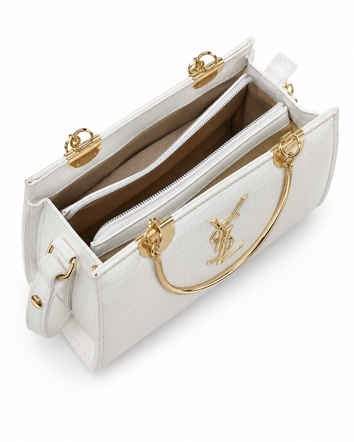 White Croc Gold Handle Tote Bag