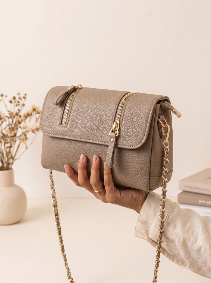 China Imported Taupe Double-Zip Chain Crossbody Bag