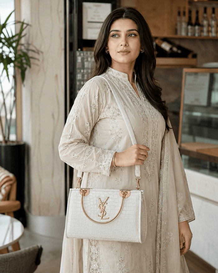 White Croc Gold Handle Tote Bag - ZN Stores